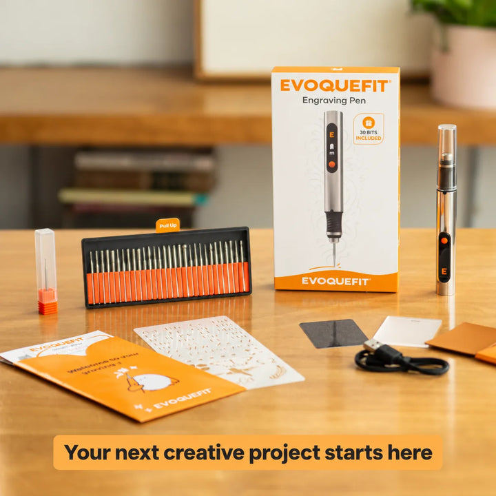 EVOQUEFIT Cordless Engraving Pen Kit — kit and application