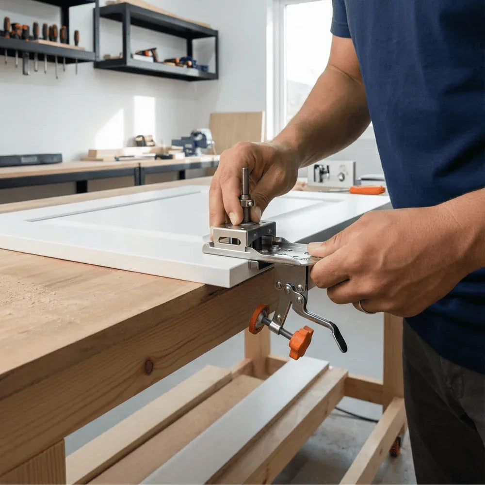 EVOQUEFIT 35mm concealed cabinet hinge jig — setup and use