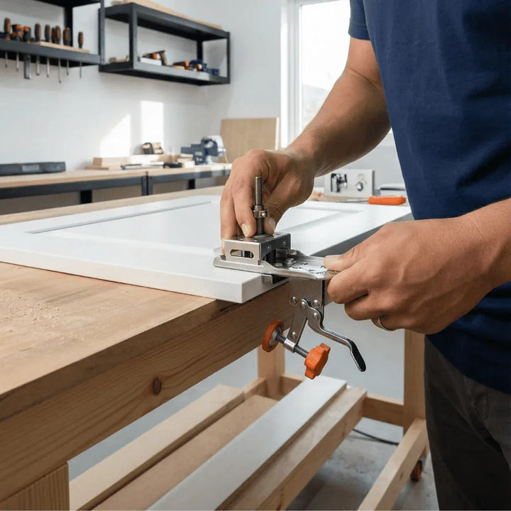EVOQUEFIT 35mm concealed cabinet hinge jig — setup and use