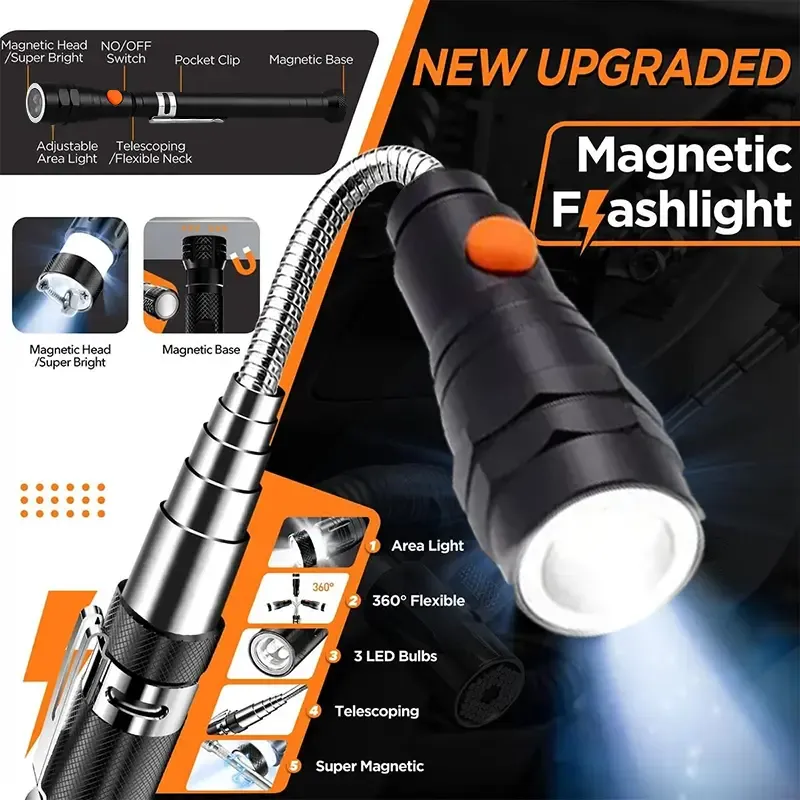 Telescoping 3-LED Magnetic Pick-Up Flashlight Tool