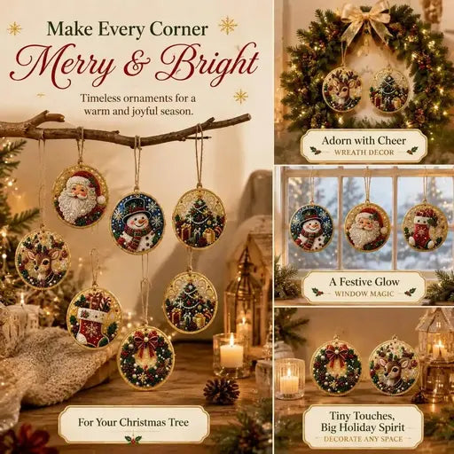 Diamond art ornaments displayed on a tree, wreath, window and wall