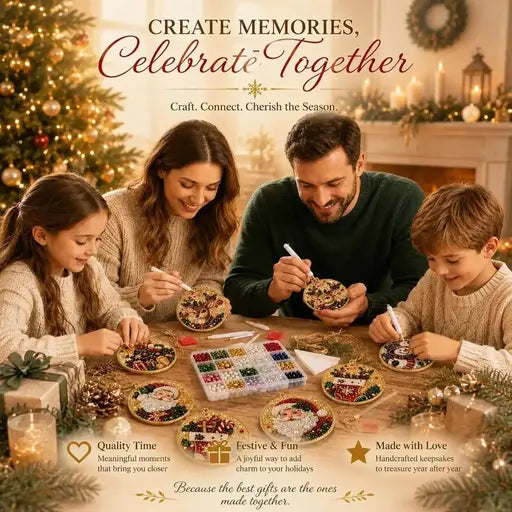 Family creating Christmas diamond art ornaments together at a holiday table