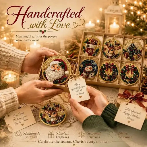 Hands exchanging a finished Santa diamond art ornament beside the boxed six-piece kit