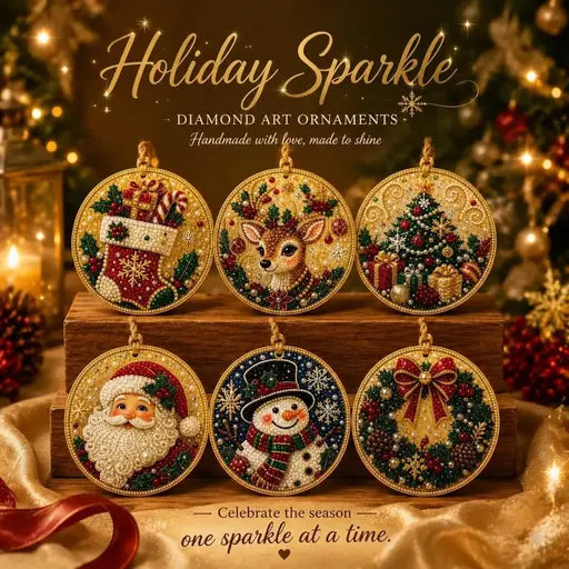 Six finished Christmas diamond art ornaments arranged together