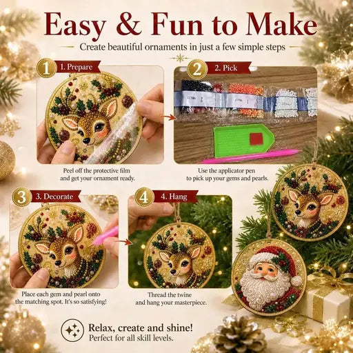 Four illustrated steps for making a Christmas diamond art ornament