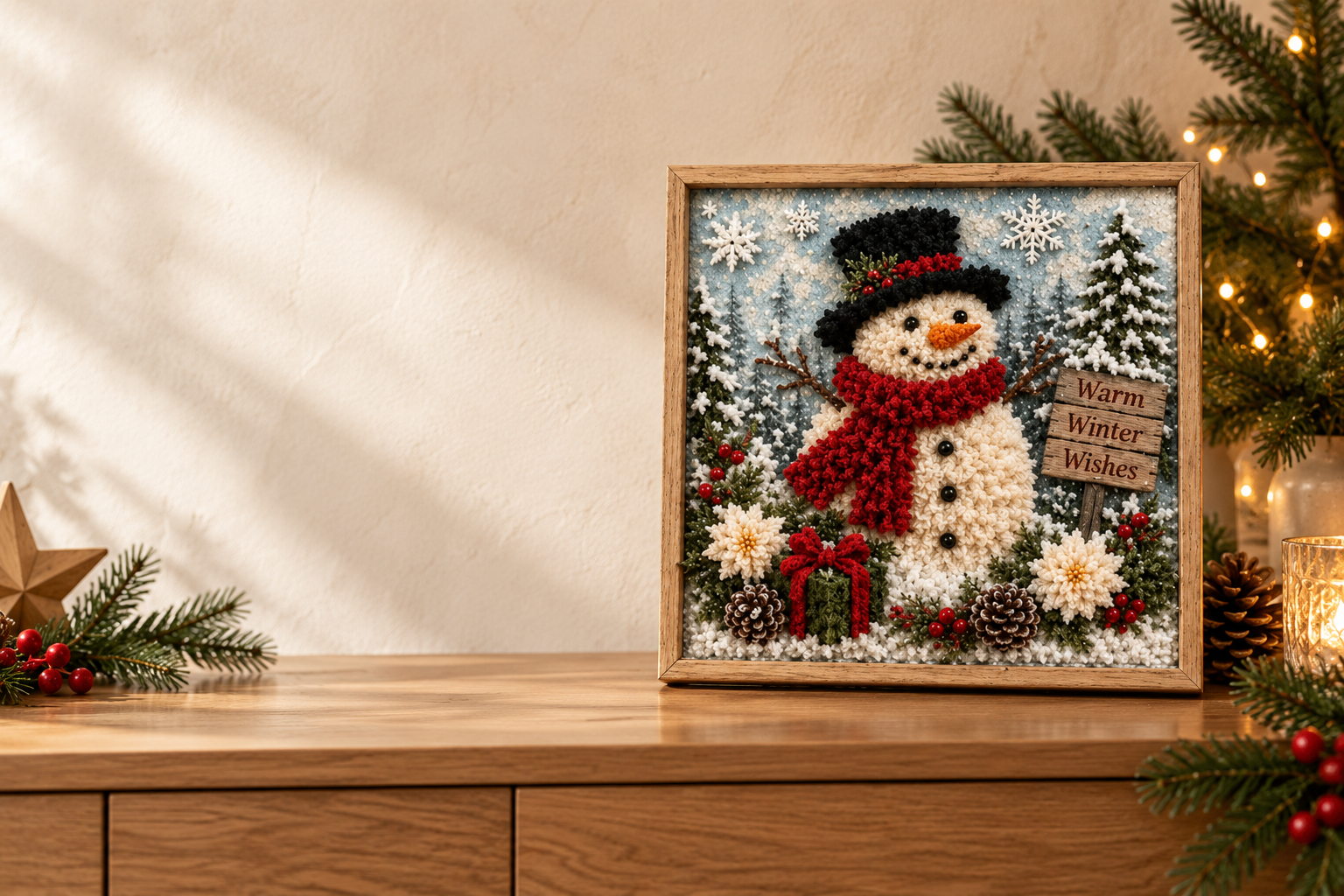 Snowman fabric artwork styled on a warm holiday console