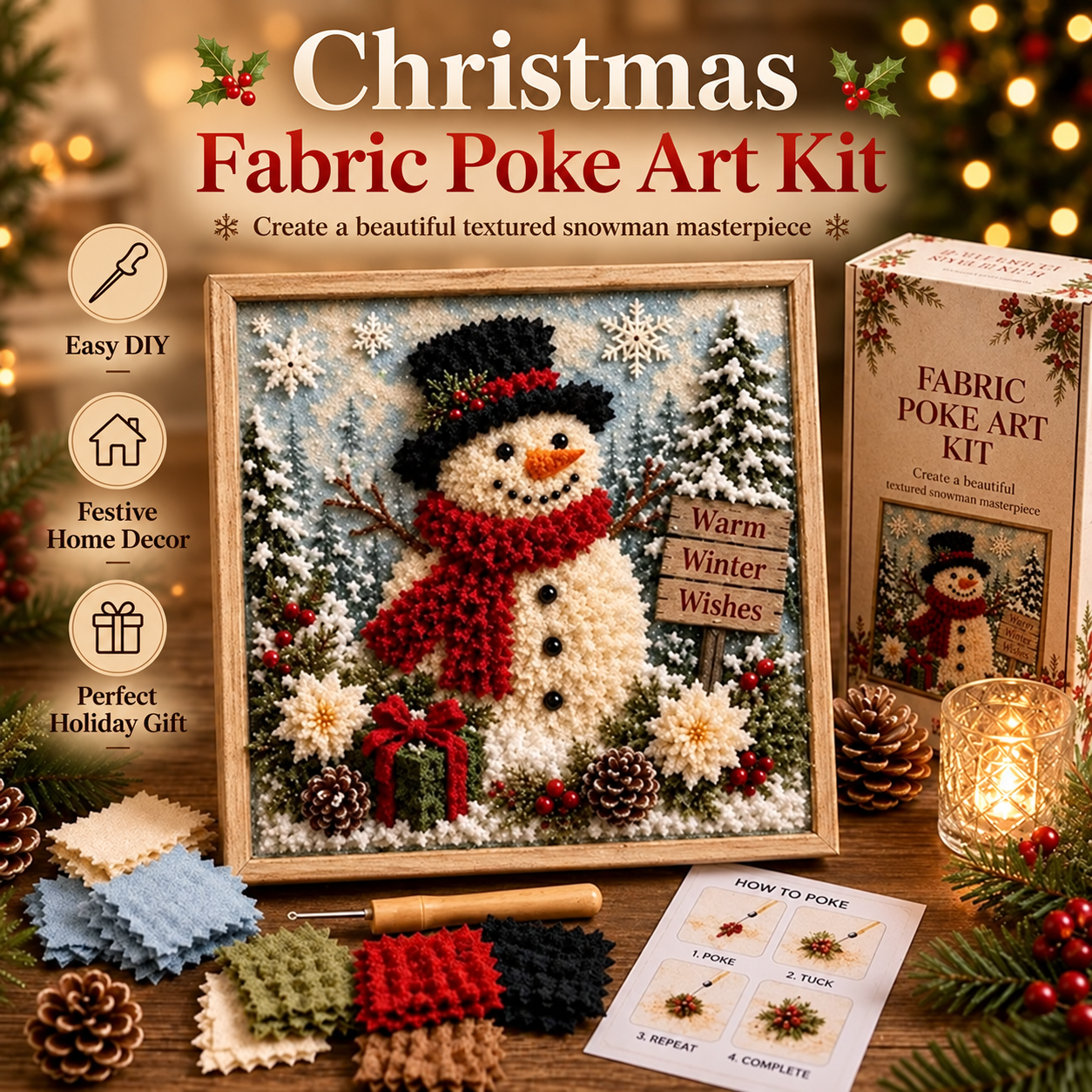 Christmas fabric poke art kit with framed snowman, gift box, fabric squares and poke tool