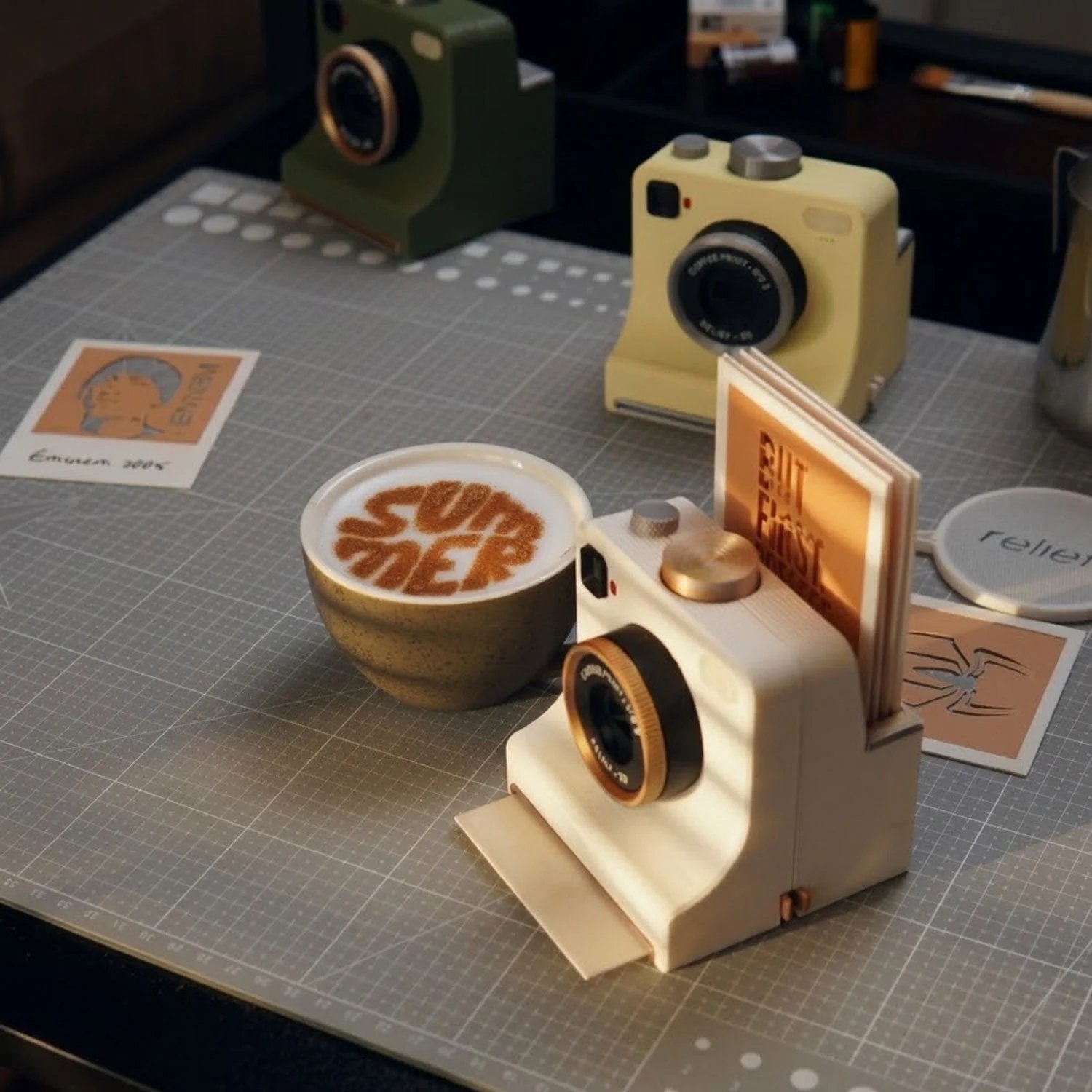 Coffee stencil cameras beside a decorated foam-topped coffee