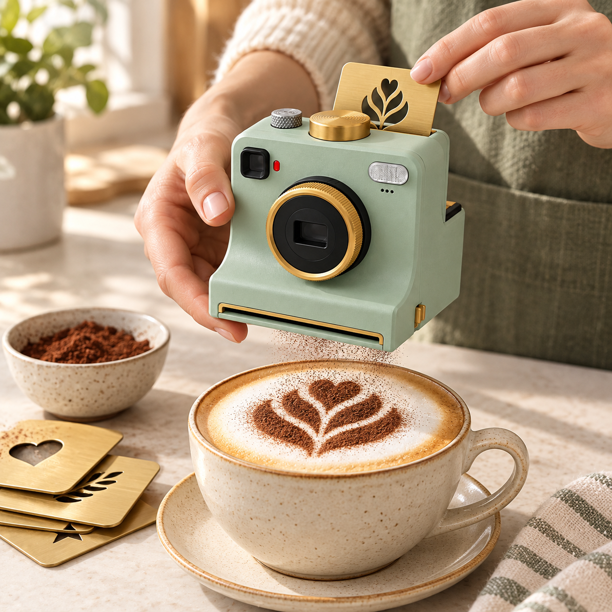 A stencil being inserted into BrewCam above a cappuccino