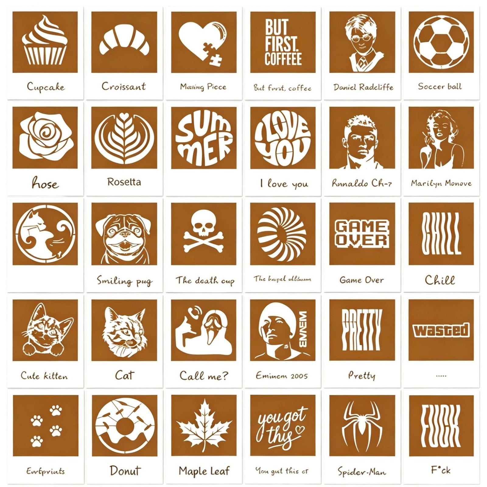 The complete set of thirty reusable BrewCam coffee art stencil designs