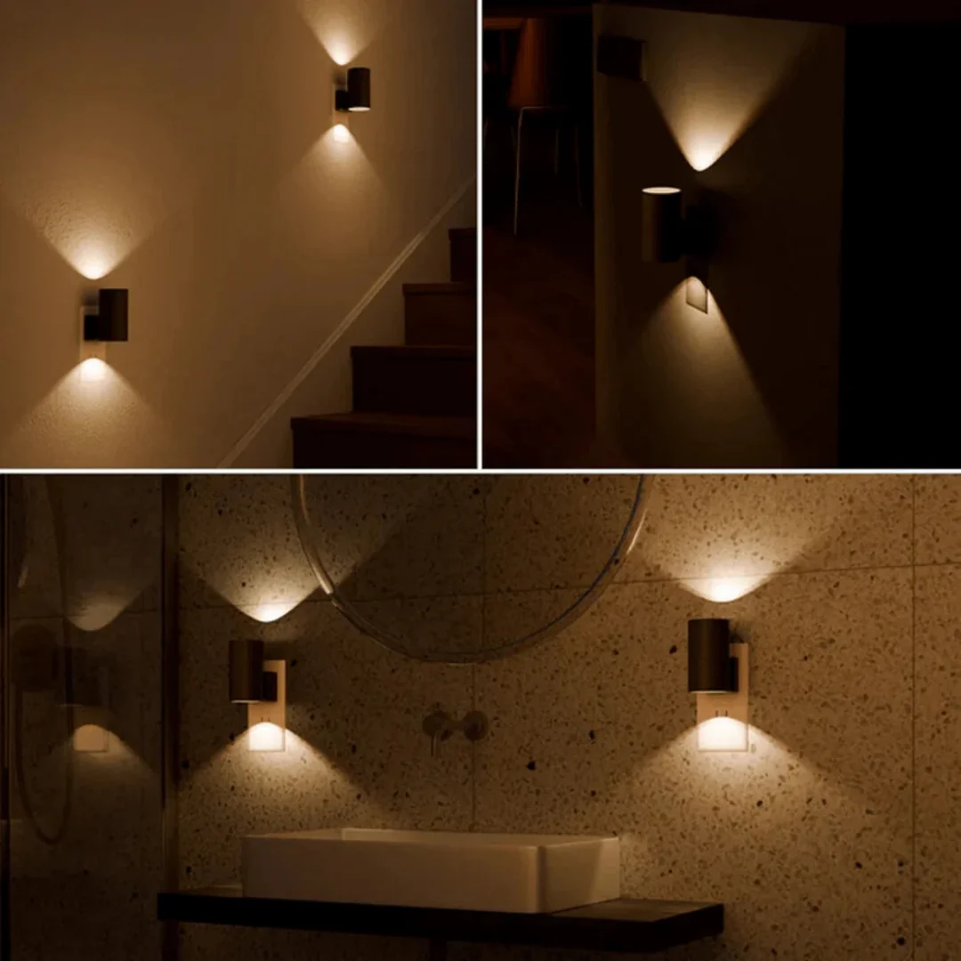 Warm Luno wall lights used in stairs, a hallway and a bathroom