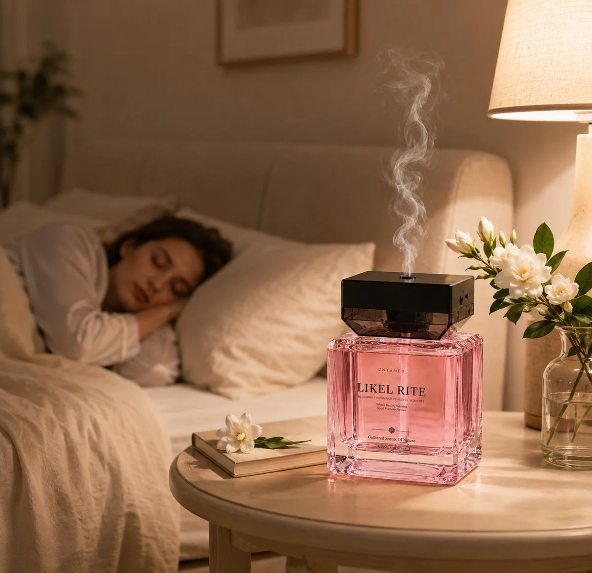 A fragrance diffuser casting a soft ambient glow in an evening interior