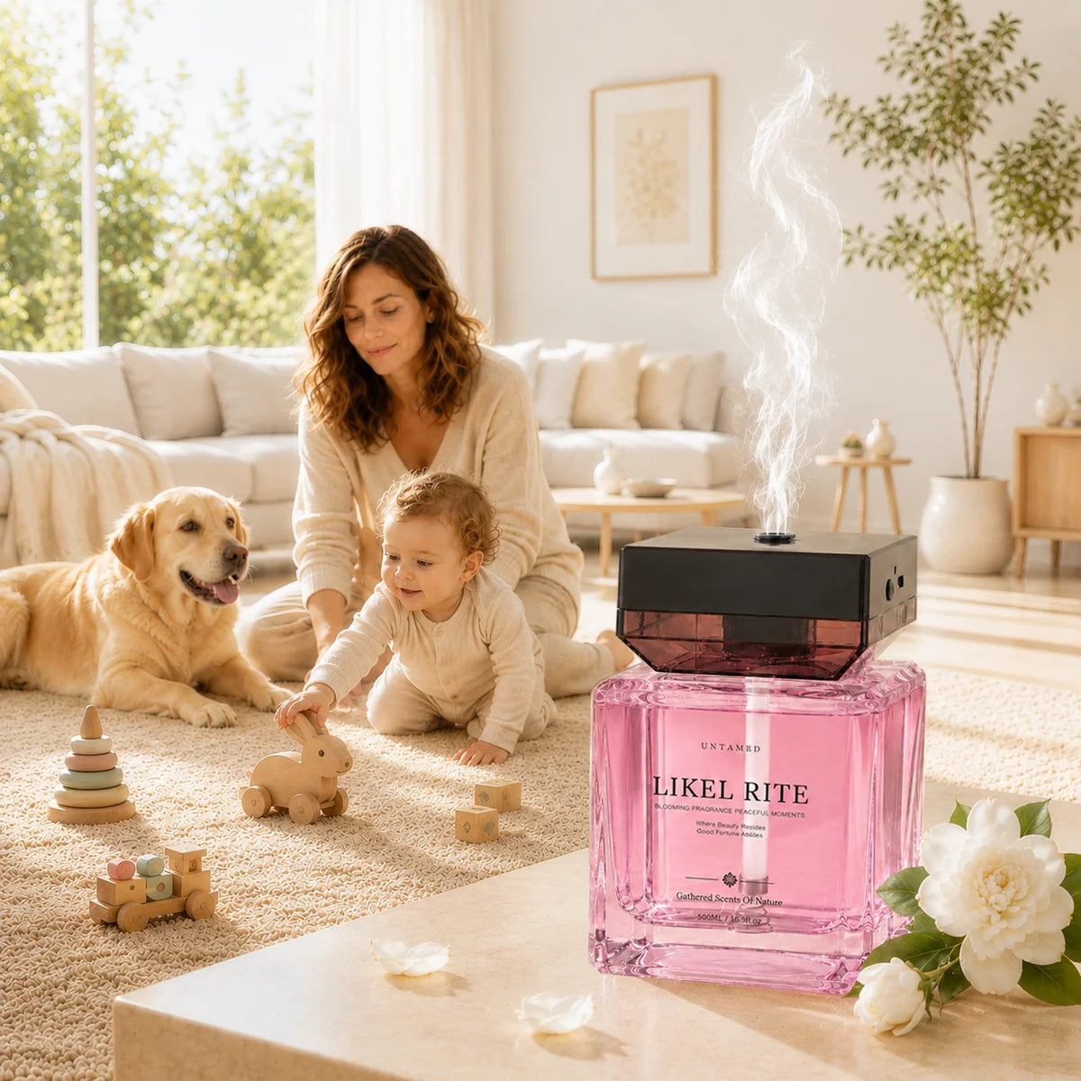 A mother, baby and dog sharing a living room with a diffuser placed on a table