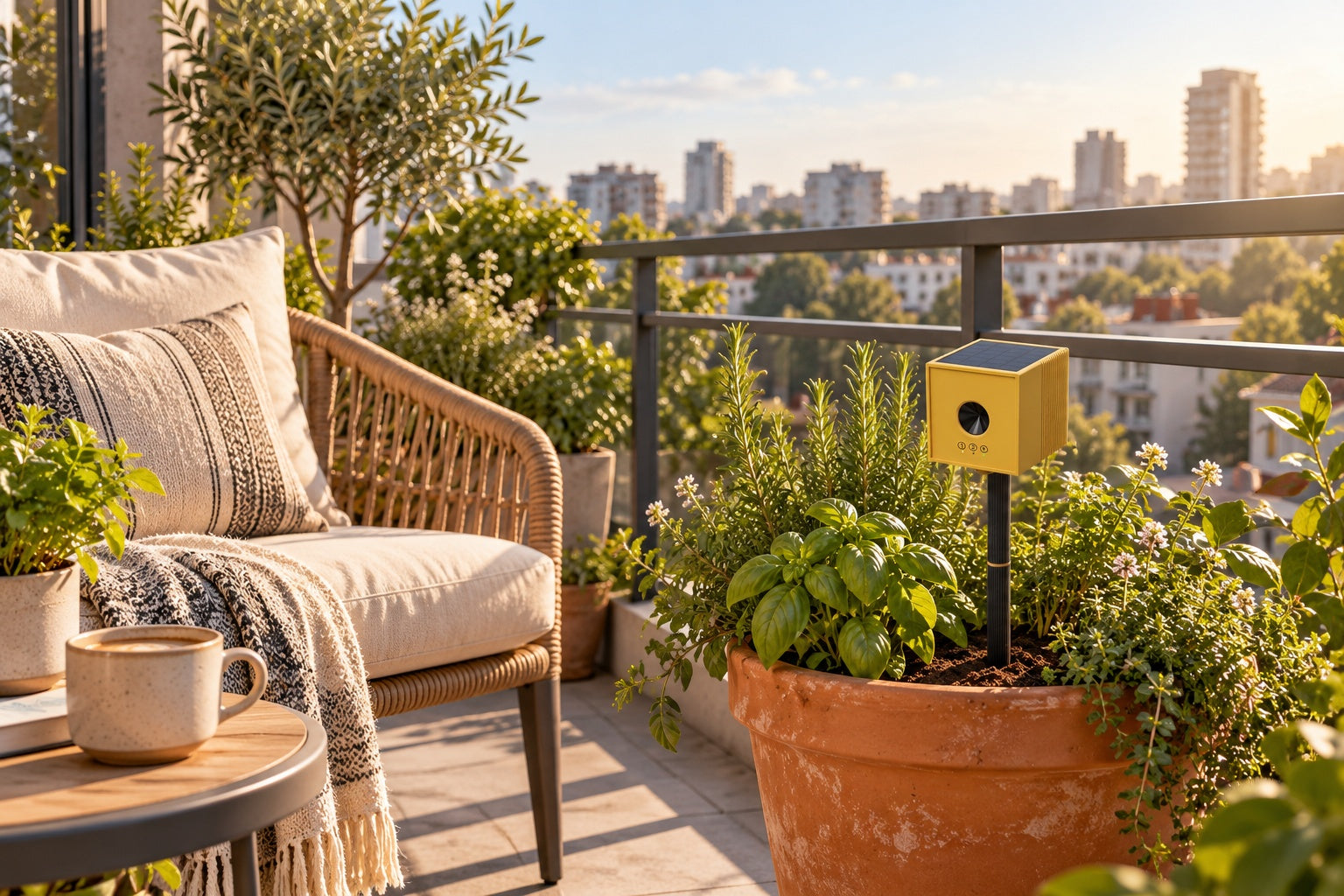Solar pigeon deterrent placed in a planter on a welcoming residential balcony